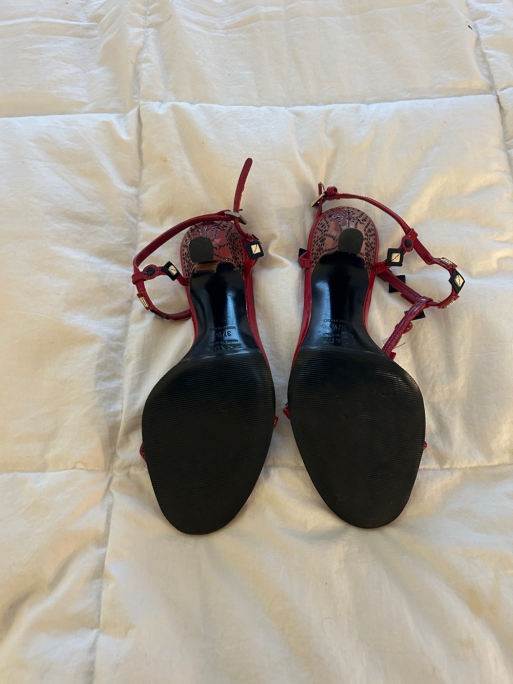 Prada Burgundy Red T-Strap Gem-Embellished Heels. Size 7.5 - Picture 4 of 5